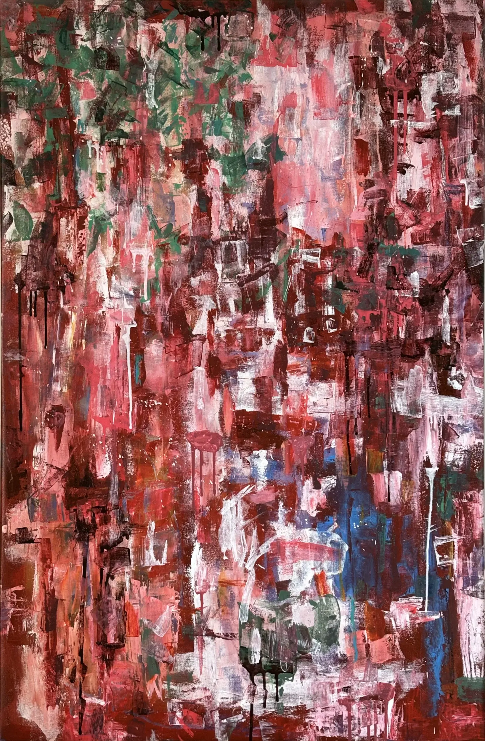 Redemption of Distance by Severino Canepa, an abstract expressionist painting with layered palette knife textures in red, pink, green, white and blue.