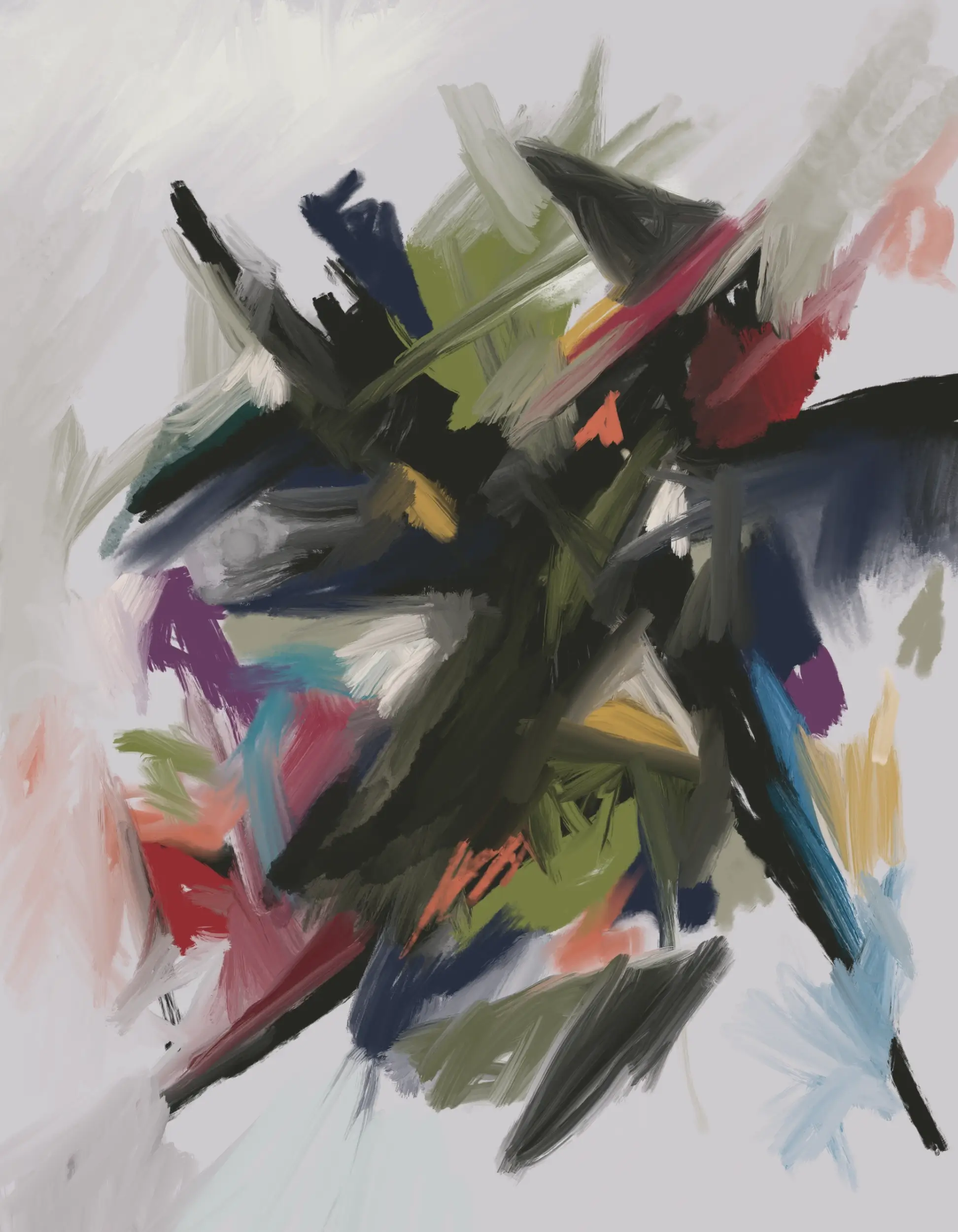 Thousand Almosts by Severino Canepa: intersecting black, navy and olive shapes, pale diagonal strokes, and coral, turquoise, purple and yellow accents on light grey.