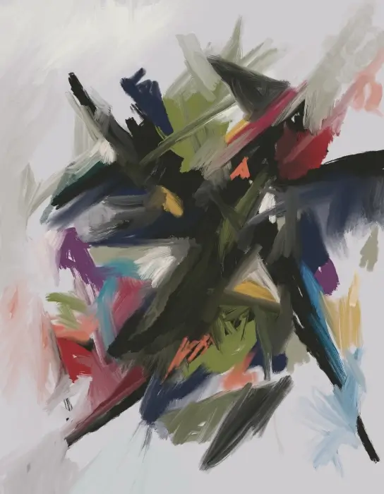 Thousand Almosts – Day 230, a digital abstraction of crossing dark shapes and colourful diagonal strokes on pale grey.