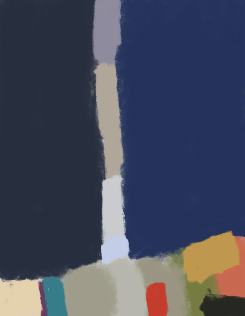 Unseen Fissure by Severino Canepa: charcoal and navy fields divided by an uneven strip of lavender, beige and white, above turquoise, red, ochre and olive blocks.