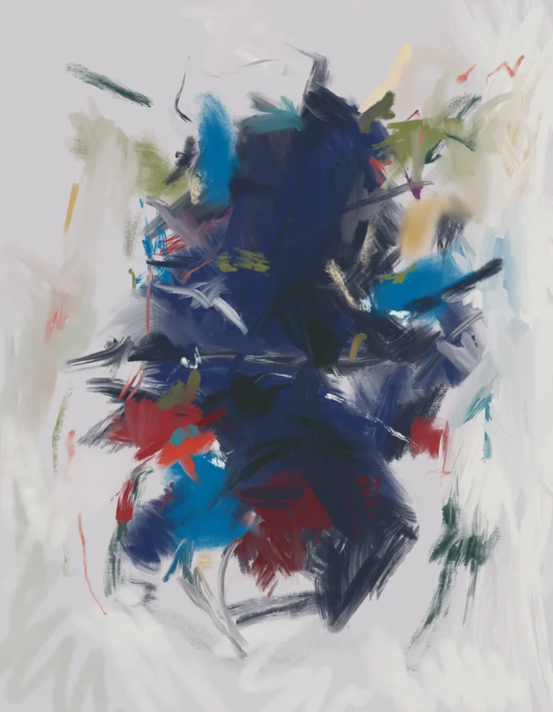 Upright Argument by Severino Canepa: a vertical mass of navy brushstrokes crossed by pale grey gestures, with turquoise, red and olive accents on off-white.