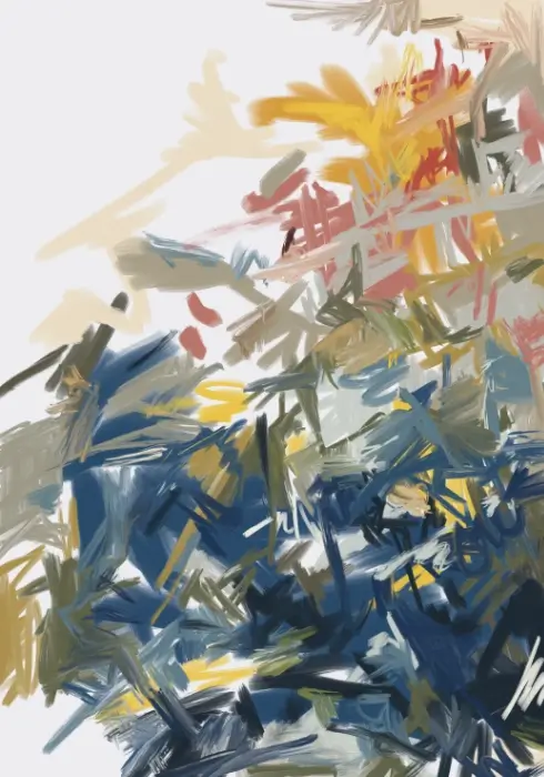 Anatomy of a Gust 5 Day 267 Abstract navy brushstrokes below coral, yellow and olive gestures, with open white space above.