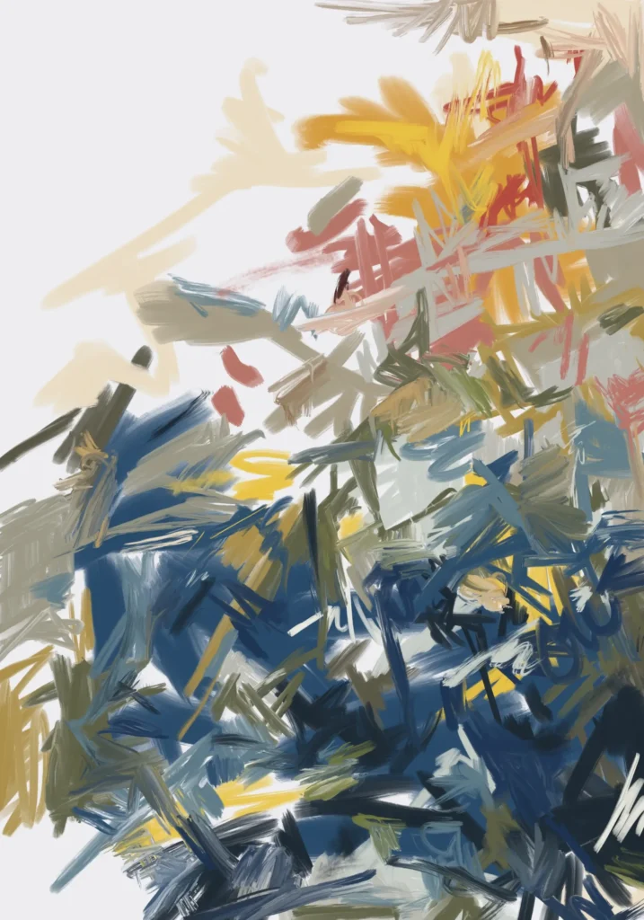 Dense navy strokes below yellow and coral marks at upper right, crossed by grey and olive diagonals, with open white space at upper left.