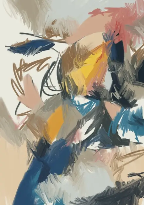Anatomy of a Gust 2 Day 263 Dense abstract brushstrokes in navy, yellow, coral and grey, with looping brown lines on an ivory ground.