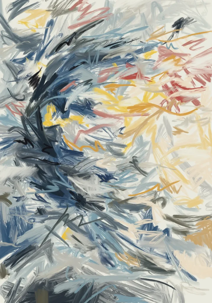 Layered navy, grey and pale blue strokes curve along the left, crossing cream gestures towards yellow and ochre passages and coral marks at upper right.