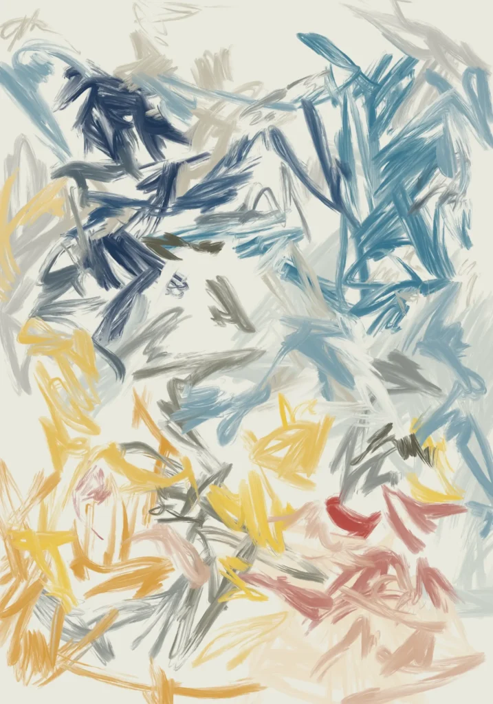 Navy and teal gestures gather above pale blue and grey strokes, with yellow marks at lower left and sweeping rose curves at lower right.