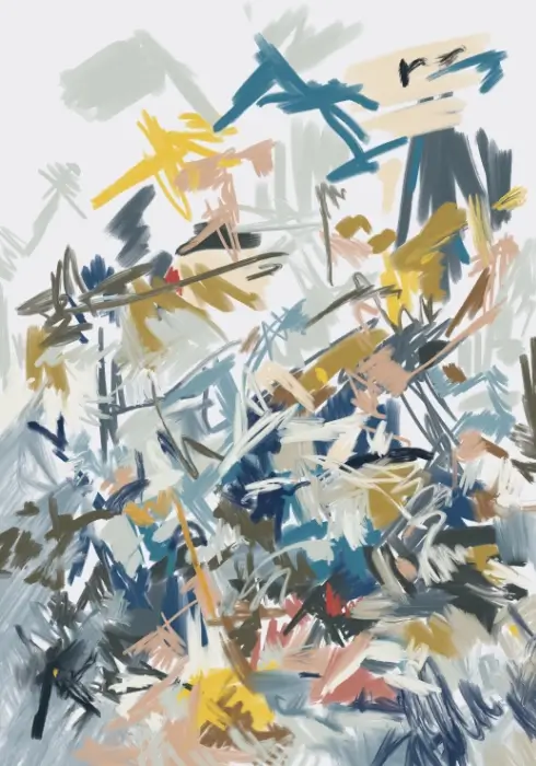 Abstract teal, navy, grey, ochre and peach brushstrokes, densely layered below and scattered across ivory above.