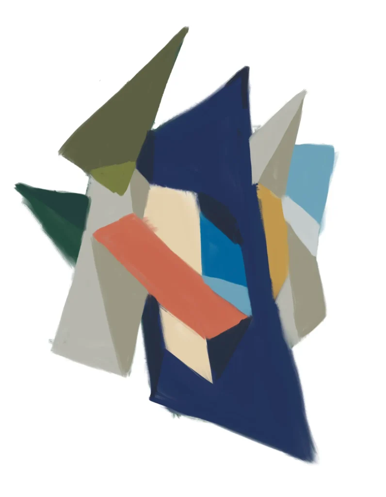 Aslant by Severino Canepa: overlapping navy and olive pointed forms, pale grey triangles, cream and blue planes, and an ochre strip at right, crossed by a broad coral diagonal against white.
