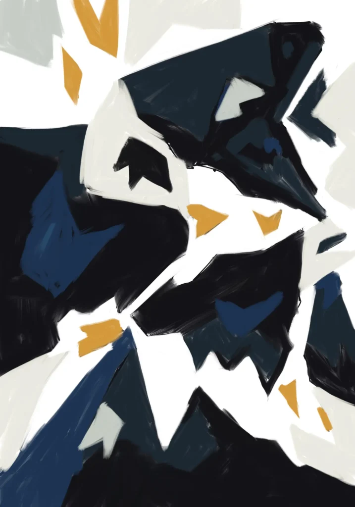 Angular navy and near-black shapes divided by branching white bands, with cream fragments and small ochre and blue arrow-like marks.