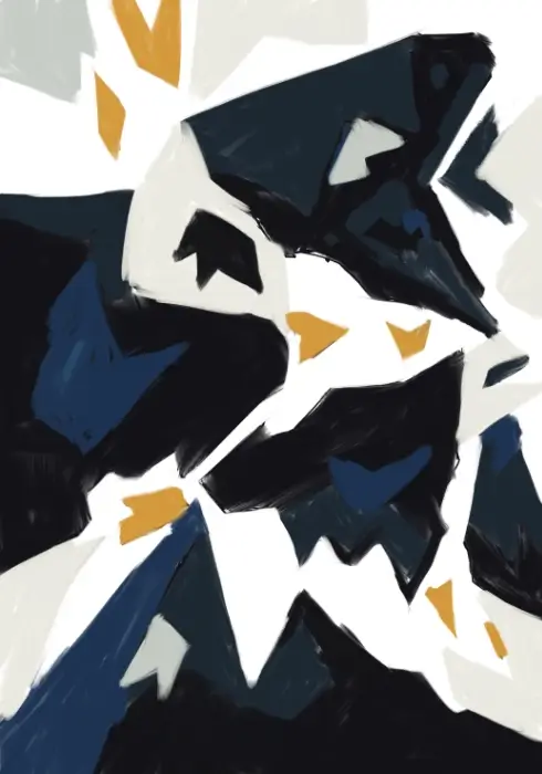 Between the Edges, abstract digital painting with angular dark blue shapes, branching white spaces and ochre accents.