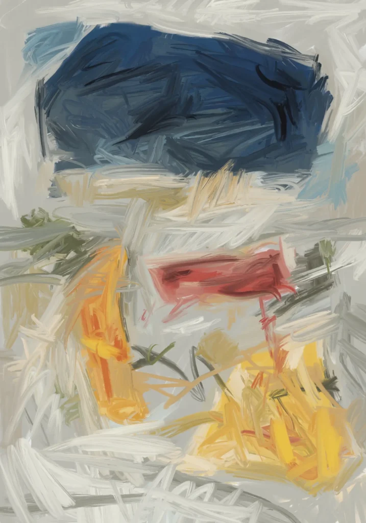 Large navy form fills the upper section above a horizontal coral band, with golden yellow strokes below and cream, grey and olive marks throughout.