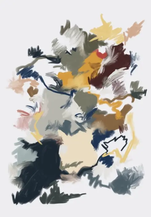 Delicate Failure Day 268 Abstract navy, burgundy, ochre, cream and grey shapes linked by loose lines on a pale background.