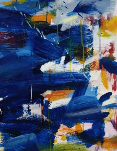 Detail of Elevation of Two Silent States showing broad blue brushstrokes, orange accents and thin green drips over white layers.