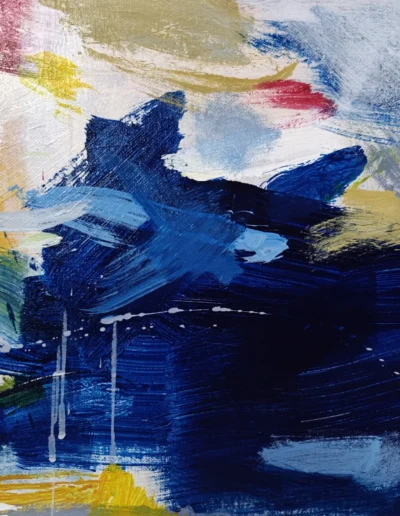Detail of Elevation of Two Silent States with overlapping dark and light blue strokes beneath cream, red and yellow marks.