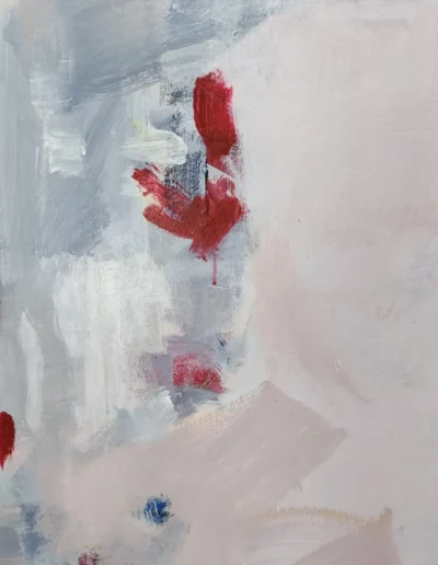 Red brushstrokes and a slender paint drip emerge through overlapping white, pale pink and blue-grey layers.