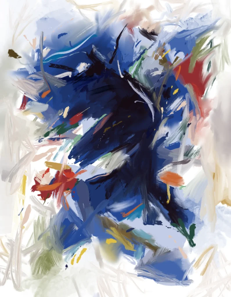 Feral Blue by Severino Canepa: dense cobalt, navy and black strokes sweep through the centre, crossed by pale curved lines, with red patches at upper right and lower left and scattered orange, yellow and green accents.