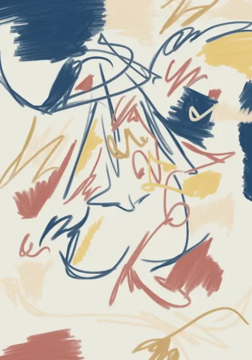 A Gentle Tangle 3 Day 261 Abstract navy, coral and ochre loops with broad patches of colour on an ivory background.