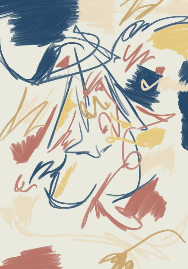Long navy curves cross coral and ochre loops on ivory, with broad navy patches at the top and right and coral strokes near the lower edges.