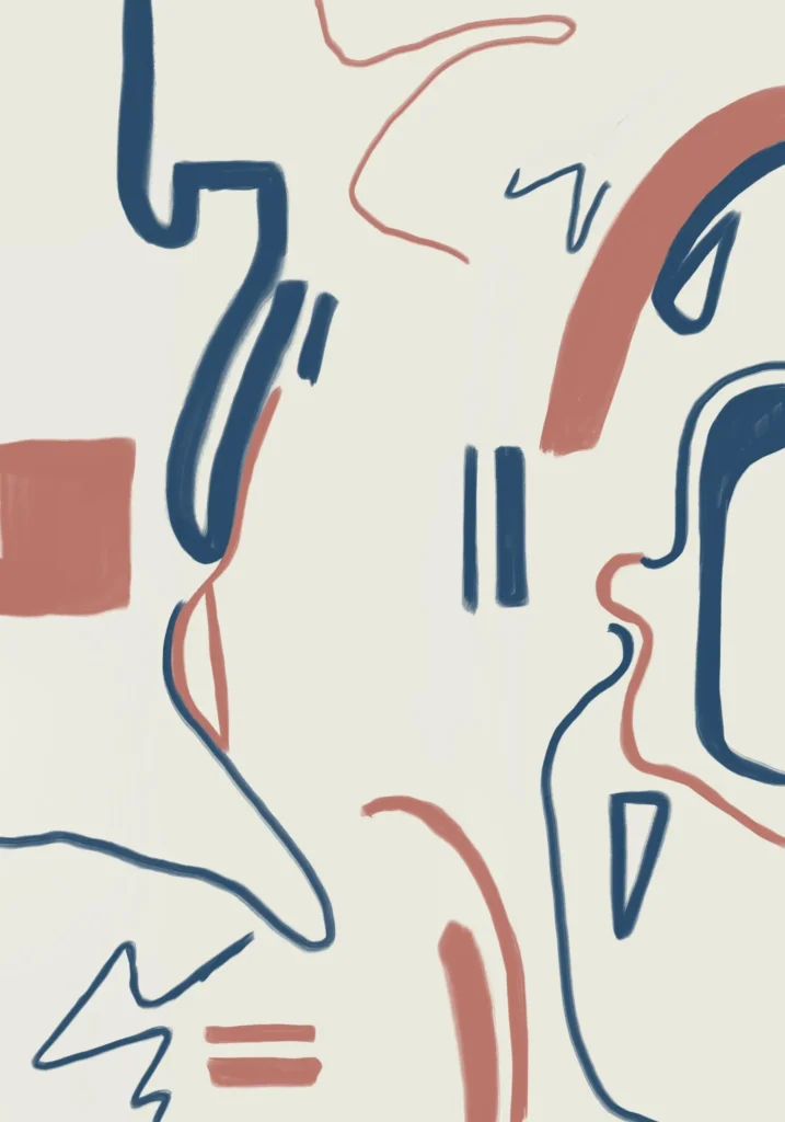 Sparse navy-blue and salmon-pink loops, angular bends and curved bands across an ivory background, with paired short strokes between them.