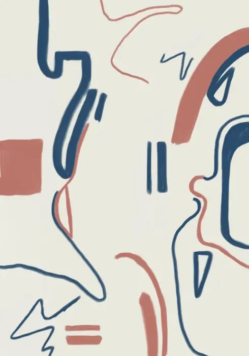 Gentle Tangle Digital Artwork Abstract blue and salmon-pink curves with scattered short strokes on an ivory background.