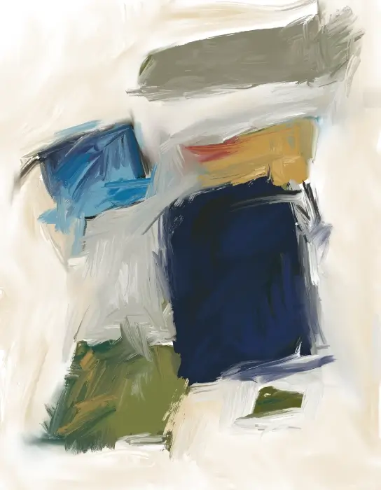 Held Apart Day 234 Held Apart – Day 234, an abstract digital painting with navy, blue, ochre and olive blocks separated by pale brushstrokes.