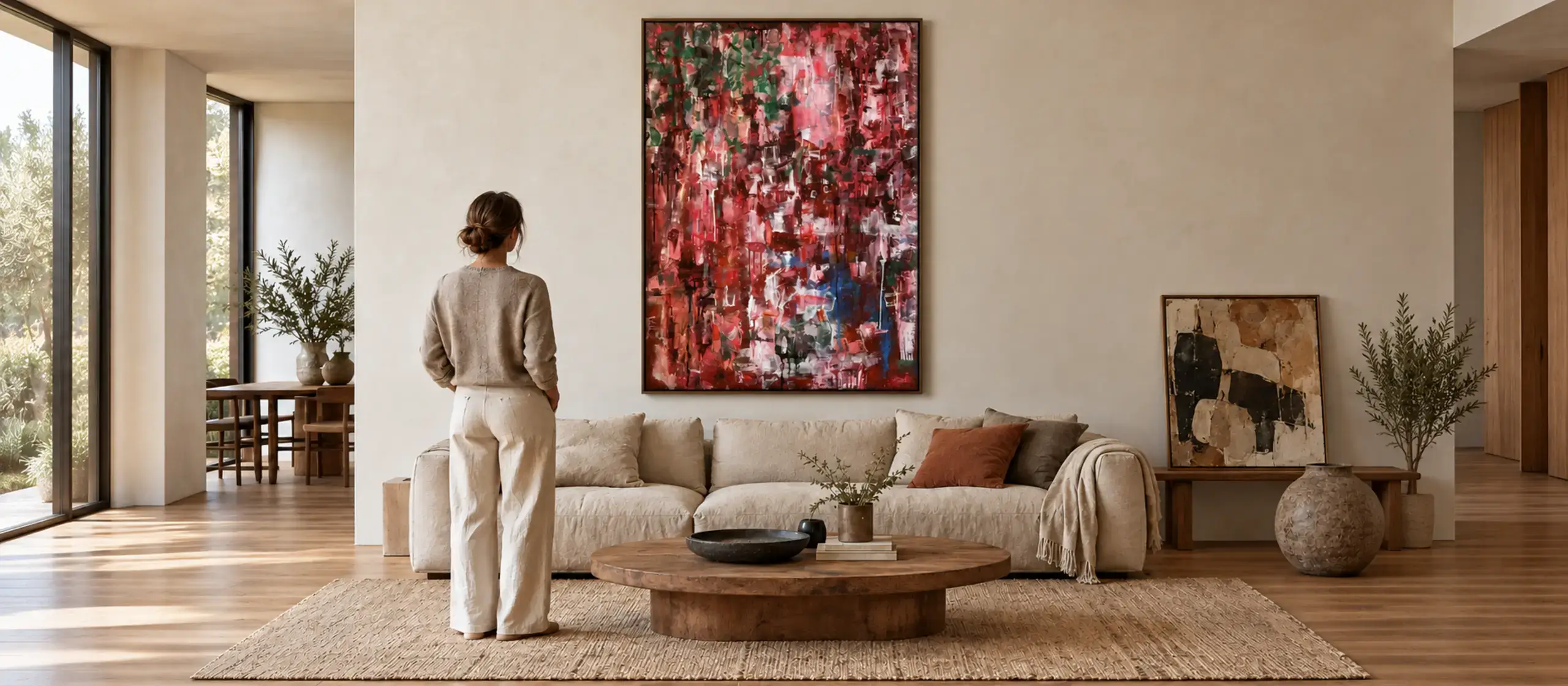 Person viewing Redemption of Distance by Severino Canepa above a cream sofa in a contemporary living room mockup.