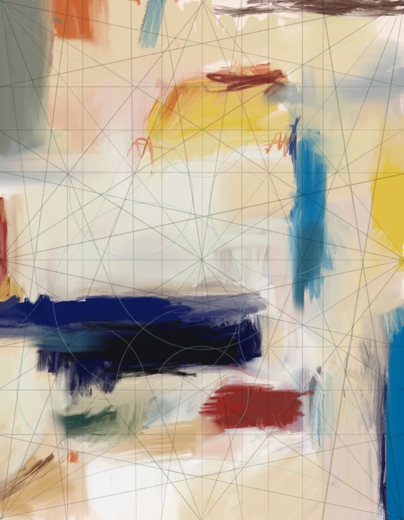 Fine intersecting lines and pale blue circles overlay broad navy, bright blue, yellow and rust-red brushstrokes on a cream and peach background.