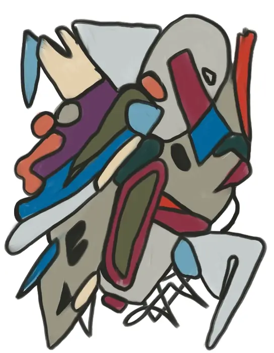 Odd Kin Day 238 Odd Kin, an abstract digital painting of colourful interlocking shapes with bold black outlines on white.