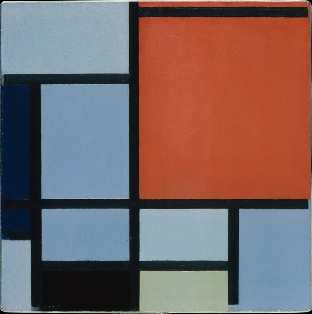 Geometric painting by Piet Mondrian with thick black lines dividing red, blue, pale yellow, and off-white rectangles.