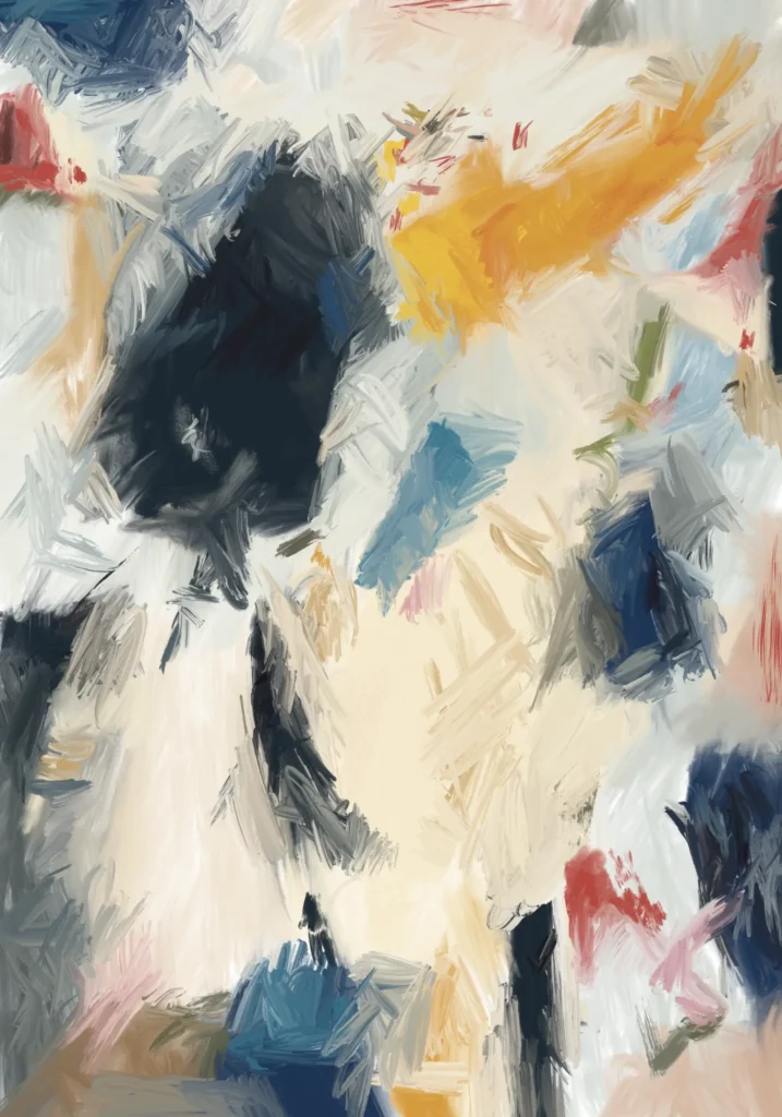 Jagged navy mass at upper left and a golden yellow sweep at upper right, surrounded by cream, grey and pale blue strokes with pink and olive accents.