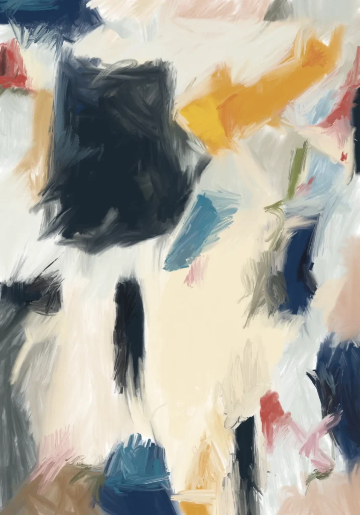 Large charcoal-blue mass at upper left and a golden diagonal stroke at upper right frame a cream passage, with scattered blue, rose and olive marks.