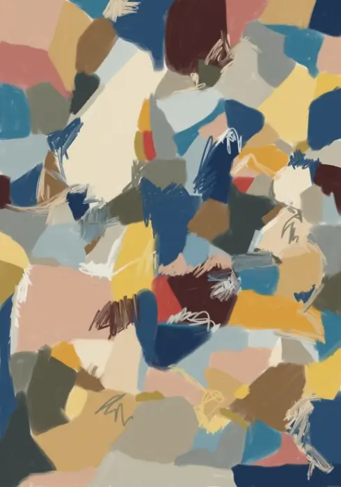 Tender Commotion Day 257 Abstract composition of interlocking blue, peach, yellow and grey shapes crossed by loose scribbled marks.
