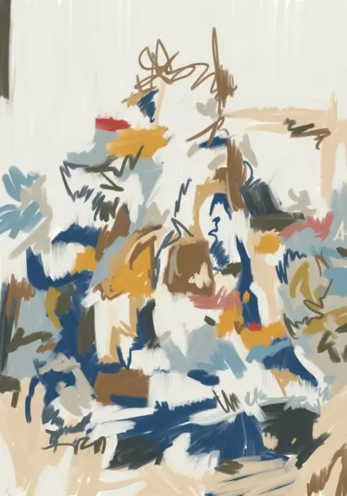 Abstract cream, navy, pale blue and ochre brushstrokes with scattered brown loops and small coral accents.