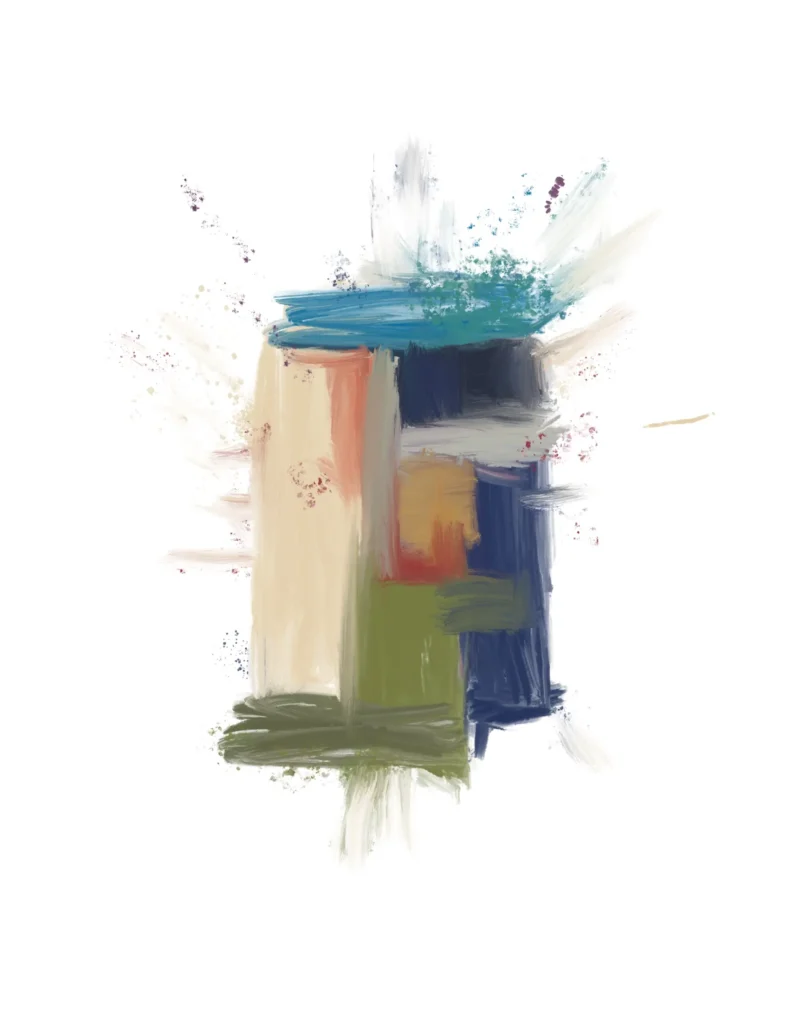 Unwalled by Severino Canepa: a compact vertical arrangement of cream, coral, navy, ochre and olive, topped by turquoise strokes and surrounded by pale brushwork and coloured speckles on a broad white background.