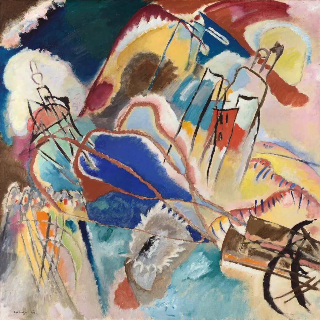 Abstract painting by Kandinsky with intersecting black lines, curved shapes, and overlapping patches of red, yellow, and blue.