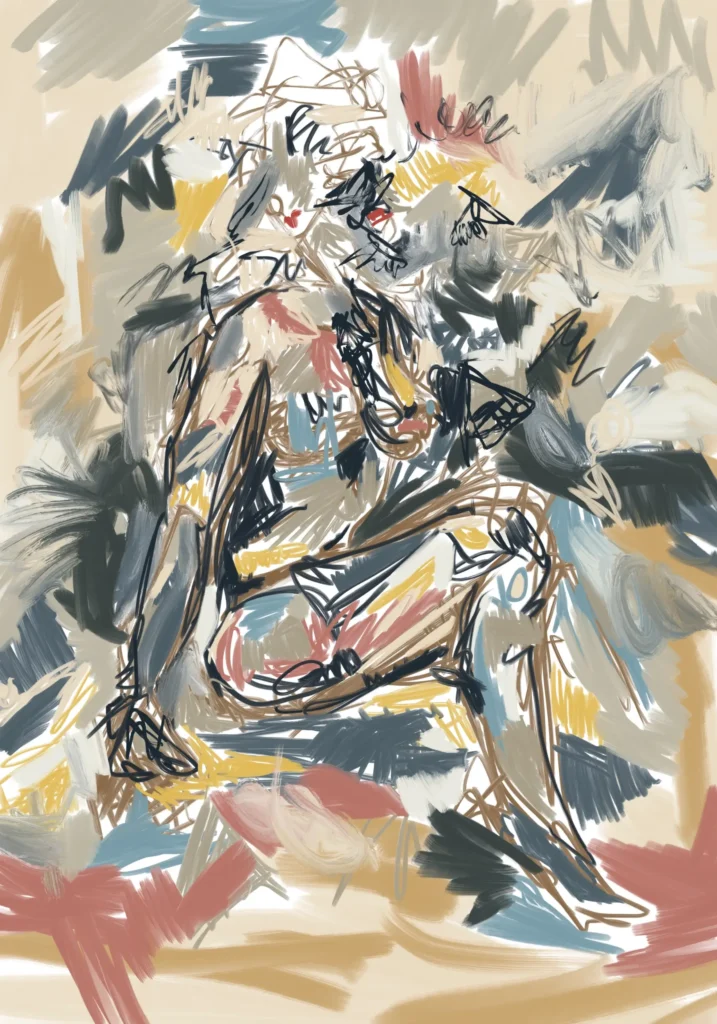 Female figure interpreted through a mixture of recognisable bodily forms and abstract shapes.
