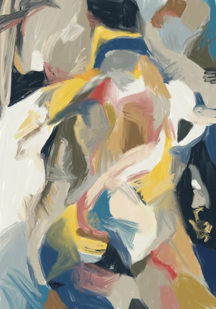 Interlocking cream curves and central ochre and pink forms overlap navy, olive and pale blue areas, with bright yellow passages and short angular strokes.