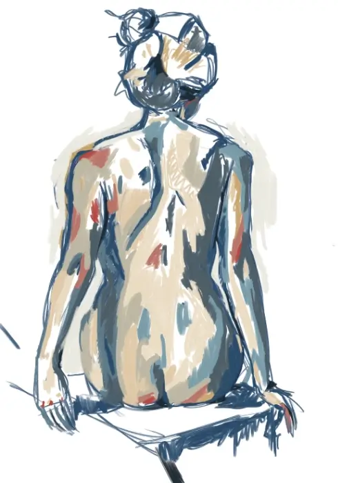 Where She Begins 12 Artwork Explore a digital figure study of a seated woman, where expressive blue lines and carefully balanced areas of colour bring a quiet pose to life.