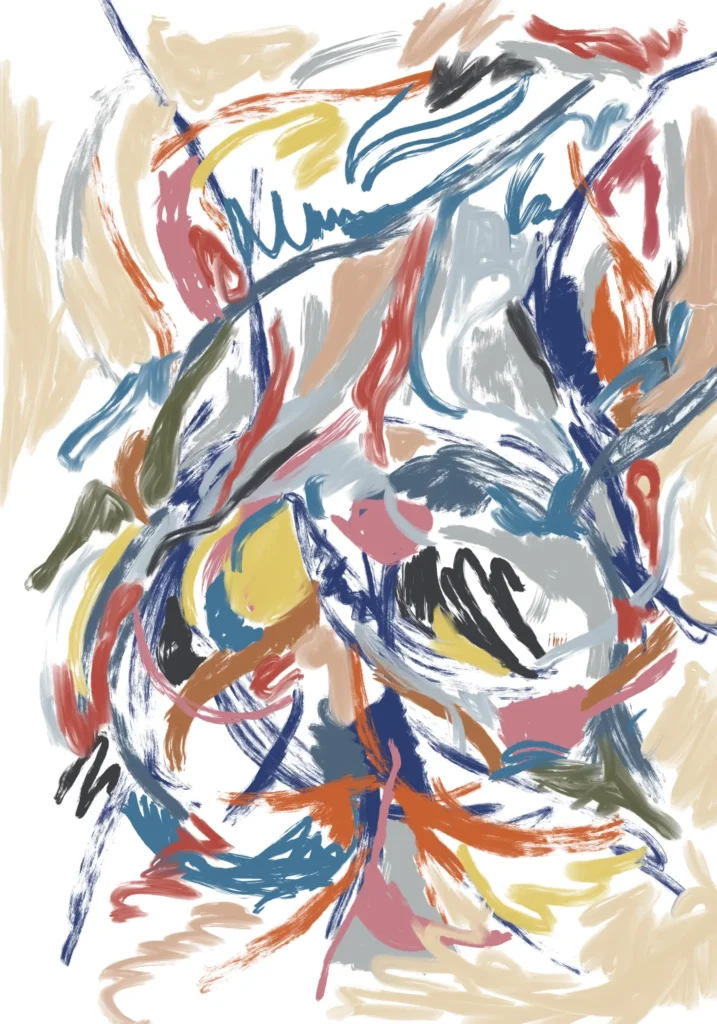Where She Begins 2, abstract female forms suggested by sweeping blue, pink and orange curves on white.