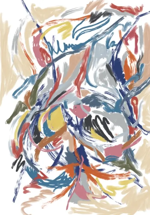 Interlocking curves suggest female forms, with navy and teal lines crossing pink, ochre, orange and grey strokes, black accents and open white spaces.