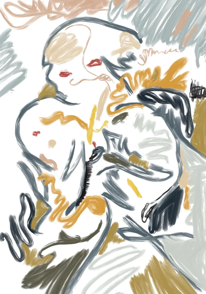 Rounded charcoal-grey lines suggest a female face and torso, with red lip-like marks, curling ochre gestures, peach loops and pale blue-grey patches on white.