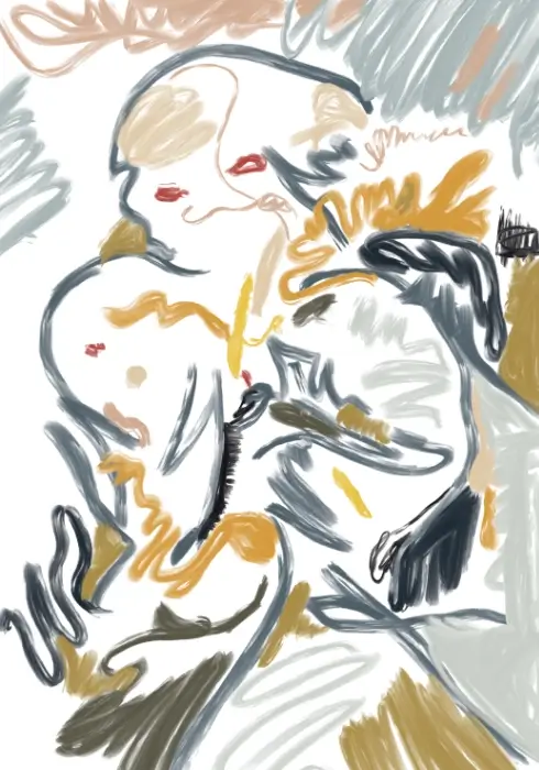 Where She Begins 3, an abstract female figure with charcoal-grey curves, ochre strokes and small red accents on white.