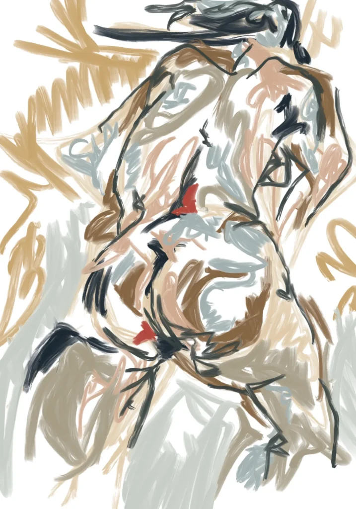 Dark broken contours suggest a twisting female torso amid overlapping peach, tan, ochre and pale blue-grey gestures, with two red accents on white.