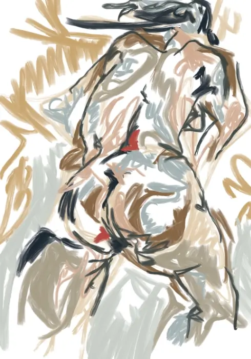 Where She Begins 5, an abstract female form with dark angular contours, peach and ochre strokes, and small red accents.