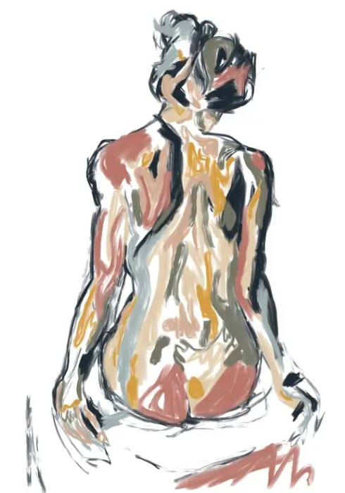 Where She Begins 6 Day 250 Where She Begins 6, expressive digital study of a seated woman viewed from behind, in peach, rose, ochre and grey.