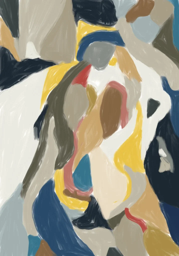 Interlocking cream and olive curves surround central ochre and brown shapes edged in pink, with yellow passages, deep blue areas and small red accents.