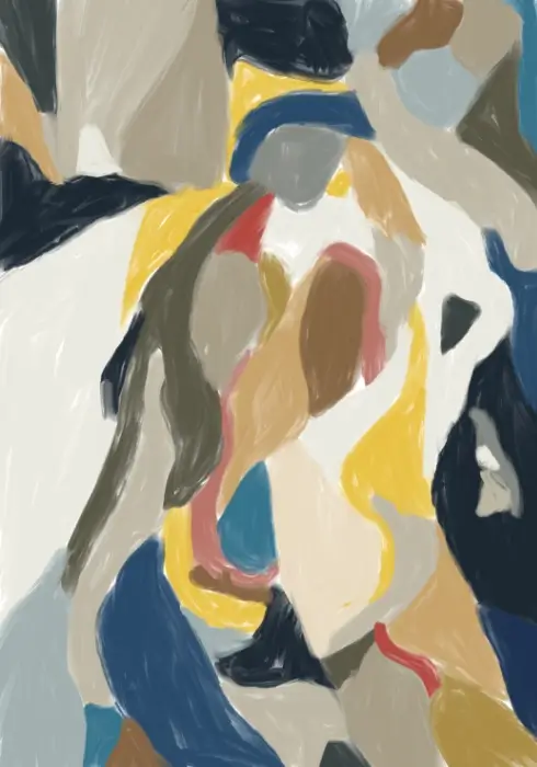 Where She Begins 8 Digital Artwork Where She Begins 8, abstract bodily forms in flowing cream, ochre, yellow and deep blue, with pink and olive accents.
