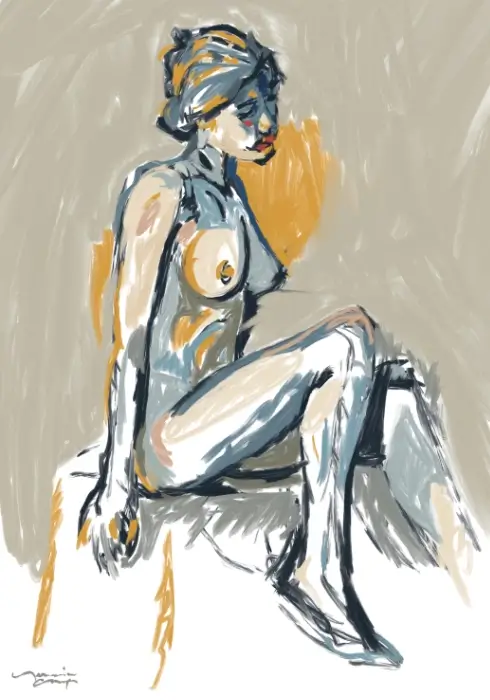 Where She Begins 9 Day 253 Where She Begins 9, a seated female figure in cream, blue-grey and ochre, outlined with expressive dark strokes.