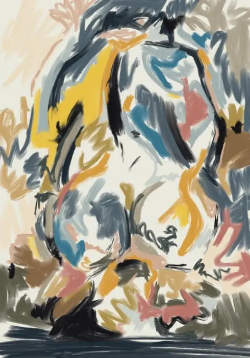 Where She Begins, an abstract female form suggested by dark curves and yellow, blue and dusty rose brushstrokes.