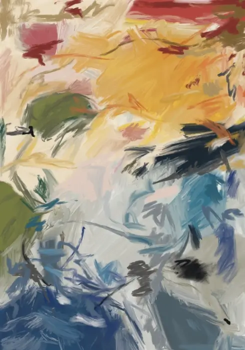 Wild Interval Day 244 Wild Interval, an abstract digital painting with golden yellow, coral, olive green and blue shapes crossed by loose marks.